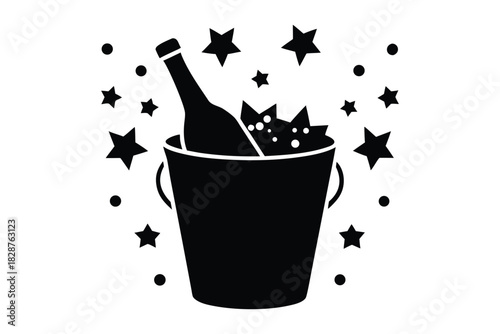Champagne Bucket Silhouette with Ice and Festive Streamers 