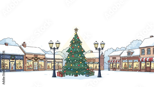 A Christmas tree decorated with colorful lights stands in the center of a snow-covered town square surrounded by buildings and street lamps with a festive dekoration christmas atmosphere.