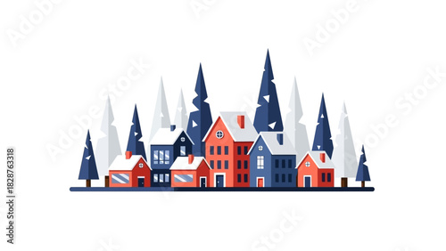 A colorful Christmas village with red and blue buildings and snow-covered trees on a white background with a festive dekoration theme.