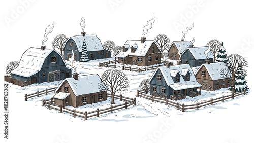 Illustration of a snow-covered village with wooden houses and fences, showcasing a serene dekoration christmas scene in a rural setting with bare trees and smoking chimneys.