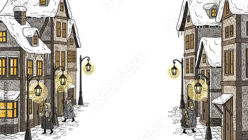 Winter street scene with snow-covered buildings and people walking under lamplight.