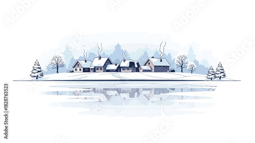 Winter village scene with snow-covered houses and trees.