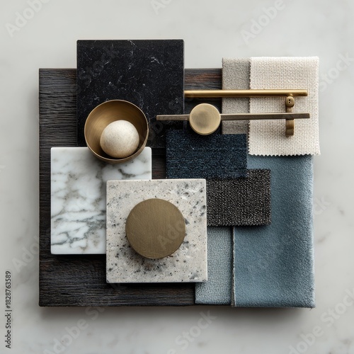 Material palette stones, metals, fabrics, dark wood