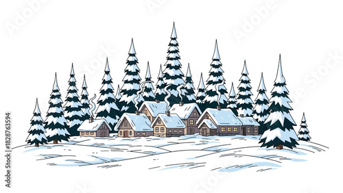 Illustration of a snow-covered house with Christmas decoration amidst tall evergreen trees in a serene winter landscape with a calm mood.