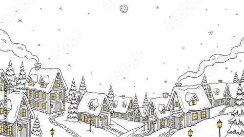 Winter village scene with snow-covered houses and trees.