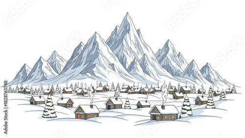 Illustration of a snowy village with colorful houses and trees, nestled at the foot of a majestic mountain range, with a serene winter landscape and festive dekoration christmas theme.