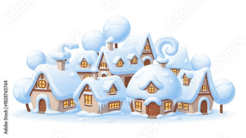 A charming illustration of a snow-covered village with cozy houses and a wintery atmosphere.
