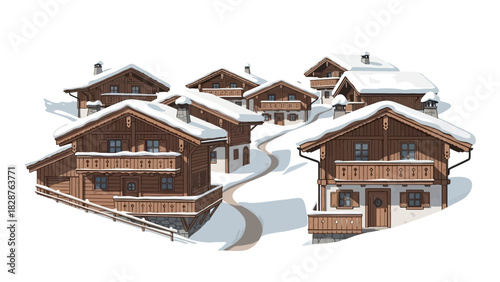 Snow-covered chalet-style houses with wooden exteriors and balconies, arranged in a cluster on a white background, showcasing traditional mountain resort architecture with dekoration