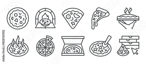 Pizza Icon Set. Simple Line Illustrations of Multiple Pizza Designs Including Slices, Oven Baking, Melting Cheese, Serving Hand, Steaming Dish, Cutting Tools, Delivery Box and Online Order.