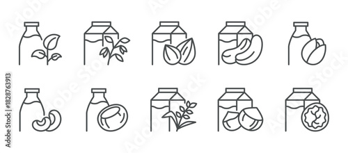 Plant Milk Icons Set. Thin Line Pictograms of Bottles and Cartons with Walnuts, Soy, Plants, Coconut. Plant‑Based Beverages - Almond milk, Oat Milk, Plant Milk, Pistachio, Soy, Cashew, Hazelnut Drink.