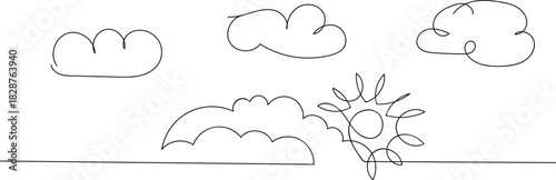 One continuous line drawing of Clouds with sun in the sky. Minimalist continuous line drawing of sun and clouds. A simple, single-line illustration depicting the sun shining brightly amidst fluffy