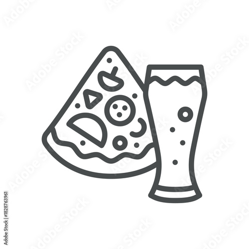 Pizza and Beer Icon. Simple Line Illustration of Pizza Slice with Tall Glass of Beer, Symbolizing Casual Dining, Pub Snack and Social Gathering.
