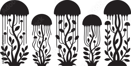 Abstract Jellyfish Forest Illustration in Black and White Monochrome Design