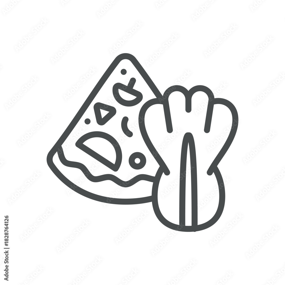 Obraz premium Kimchi Pizza Icon. Simple Line Illustration of Fusion Pizza Slice with Kimchi Cabbage Topping, Symbolizing Asian Fusion Cuisine, Fermented Food Creativity and Spicy Flavor.