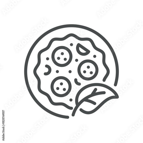 Vegan Pepperoni Pizza Icon. Thin Line Illustration of Pepperoni-Style Pizza with Leaf Garnish, Representing Plant Based Toppings, Meat Free Cuisine and Sustainable Eating.