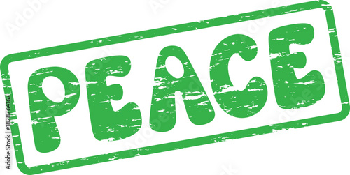 Distressed green rubber stamp impression featuring the inspiring word PEACE for global harmony themes