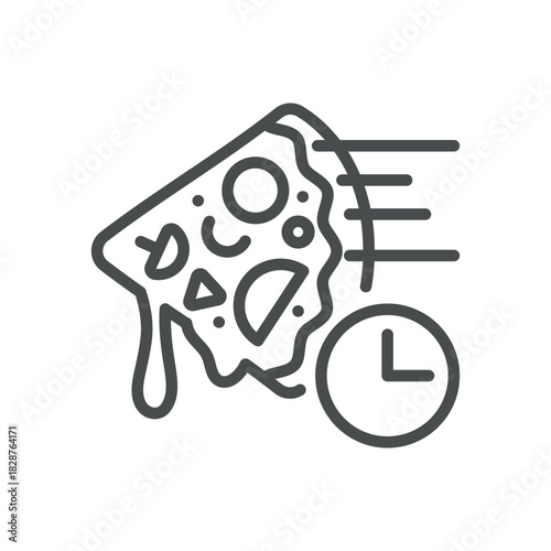 Quick Pizza Delivery Icon. Thin Line Illustration of Melting Pizza Slice in Motion with Clock, Symbolizing Fast Delivery, Speedy Service and Hot Food on the Go.