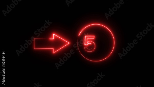 Neon counting 5 number. Neon countdown number illustration.  Counting number with arrow symbol.