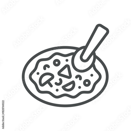 Pizza with Cutter Icon. Thin Line Illustration of Pizza on Plate with Serving Spatula, Representing Kitchen Utensil, Cutting Slice and Food Preparation.