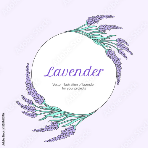 Lavender round floral frame with elegant hand-drawn flowers and leaves. Soft pastel botanical design for wedding invitations, cards and labels.