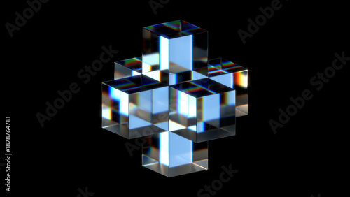Tableau sur toile Abstract Glass Cubes Cross Transparent Chromatic Aberration on Black Background