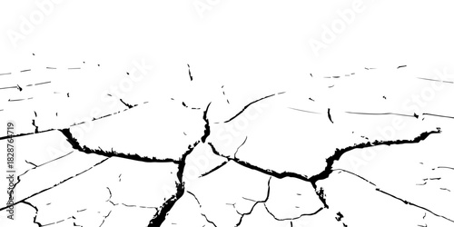 High-contrast cracked earth texture in black and white, showing deep fractures and dried soil patterns. Perfect for backgrounds, drought concepts, environmental designs, and abstract graphic use.