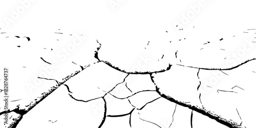 High-contrast cracked earth texture in black and white, showing deep fractures and dried soil patterns. Perfect for backgrounds, drought concepts, environmental designs, and abstract graphic use.