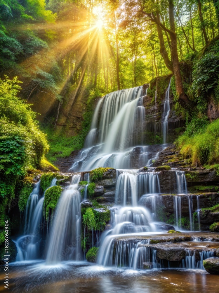 Obraz premium waterfall cascading in deep forest glistening sunlight