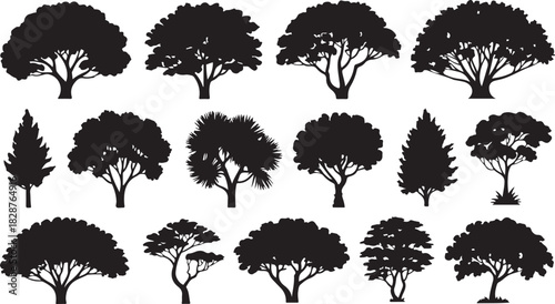 Collection of Black Tree Silhouettes on White Background Vector Illustration