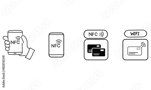 Hand Drawn NFC and WiFi Payment Icons – Contactless Technology and Mobile Transaction Symbols