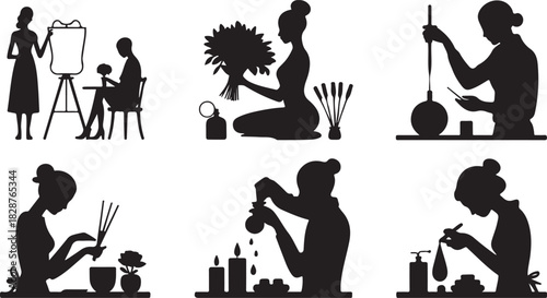 Creative Women Silhouettes Doing Art and Craft Activities Set Isolated
