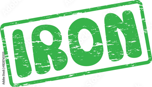 Durable green distressed rubber stamp impression displaying the powerful word IRON symbolizing strength