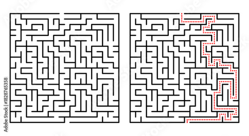 Abstract geometric labyrinth with red neon lines on a black background. Modern maze design ideal for tech themes, digital graphics, puzzles, and futuristic concepts.