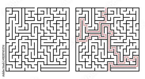 Abstract geometric labyrinth with red neon lines on a black background. Modern maze design ideal for tech themes, digital graphics, puzzles, and futuristic concepts.