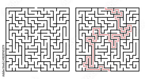 Abstract geometric labyrinth with red neon lines on a black background. Modern maze design ideal for tech themes, digital graphics, puzzles, and futuristic concepts.