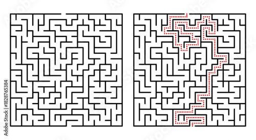 Abstract geometric labyrinth with red neon lines on a black background. Modern maze design ideal for tech themes, digital graphics, puzzles, and futuristic concepts.