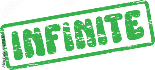 Dynamic green distressed rubber stamp impression displaying the profound word INFINITE with endless possibilities
