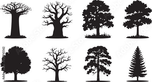 Diverse Tree Silhouette Collection featuring various shapes and forms vector design