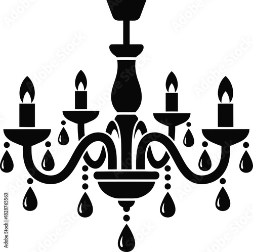 Elegant black silhouette of a five arm chandelier with dripping crystals and candle lights