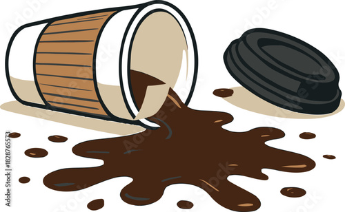 Spilled coffee from disposable cup illustration, hot beverage splatter on floor, messy morning graphic design on a white background