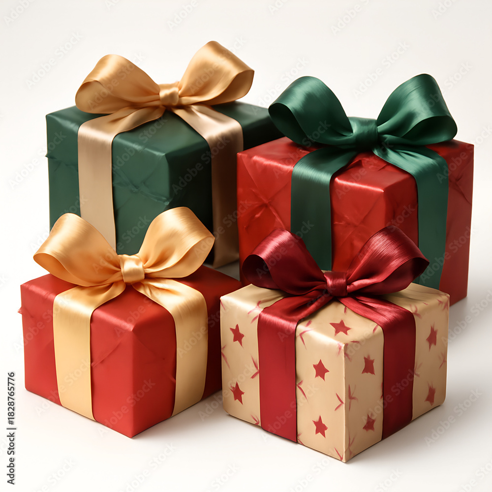 Obraz premium Festively wrapped gift boxes with colorful ribbons, elegant design, holiday celebration theme 