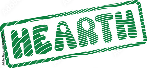 Rustic green stamp impression of the word Hearth with a unique striped fill inside the letters