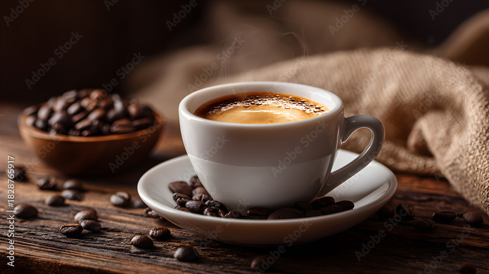 Fototapeta premium Steaming espresso cup on wooden table with coffee beans