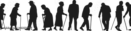 Elderly People Silhouette Collection: Seniors Walking with Canes, Old Age Life, Health, and Retirement Vector Illustrations