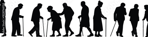 Elderly people silhouette set, isolated on white, showing old age, retirement, walking with a cane, health, care, senior life, aging process, and geriatric assistance concept