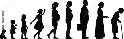 Human Life Cycle Silhouettes: Baby, Child, Teen, Pregnant Woman, Adult, and Elderly Person Representing Stages of Development and Aging