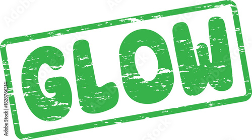 Green grunge rubber stamp with the word GLOW clearly visible inside a rectangular frame