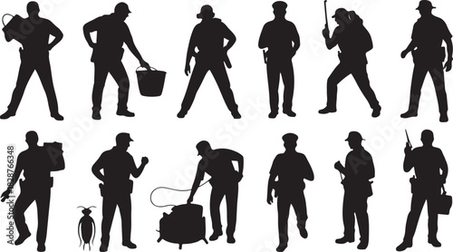 Pest control service workers in silhouettes various poses and equipment