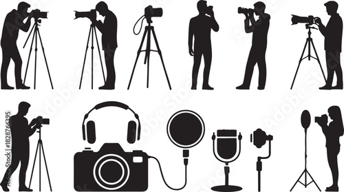 Photography and Videography Professions Equipment Black Silhouettes on White Background