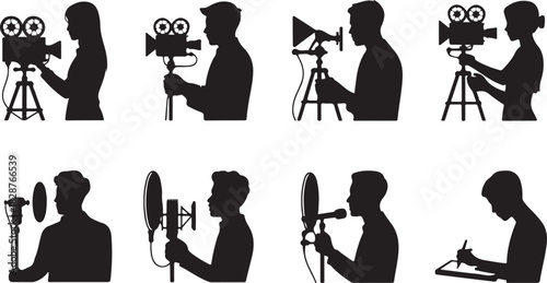 Set of silhouettes representing various aspects of filmmaking and audio production